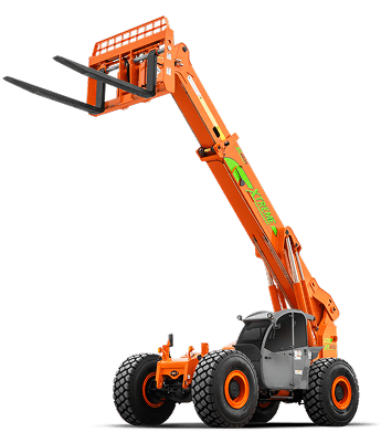 An orange telehandler with a raised fork attachment.