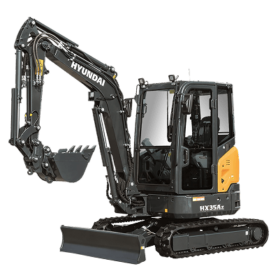 A black and yellow Hyundai excavator with the model number HX35A.