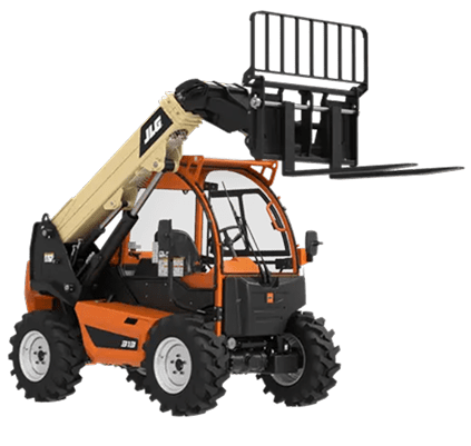 An orange telehandler with a black and tan boom, featuring a fork attachment. The vehicle is positioned at an angle, facing the right side of the frame, with its front end slightly turned forward.