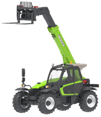 A green and black telehandler with a raised boom and forks.